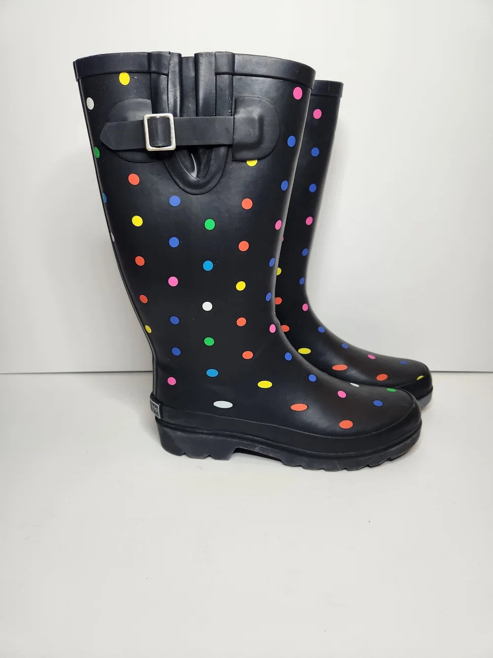 London Fog Black Rain Boots with Multicolor Polka Dots